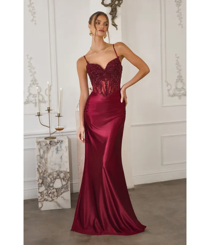 LaDivine by Cinderella Divine Burgundy Embellished Corset Mermaid Gown with Lace-Up Back sold by Unique Vintage