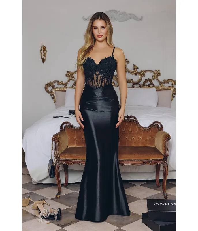 LaDivine by Cinderella Divine Black Embellished Corset Mermaid Gown with Lace-Up Back sold by Unique Vintage