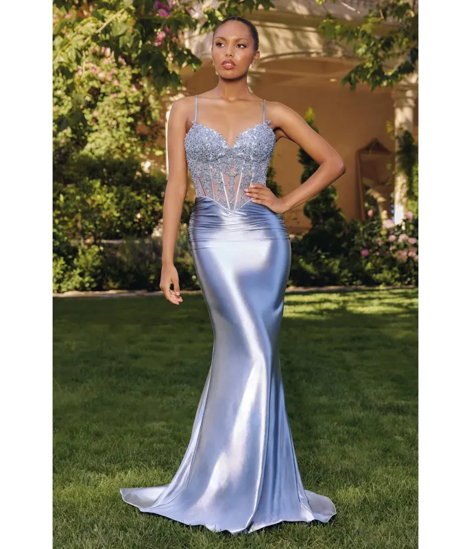 LaDivine by Cinderella Divine Light Blue Embellished Corset Mermaid Gown with Lace-Up Back sold by Unique Vintage