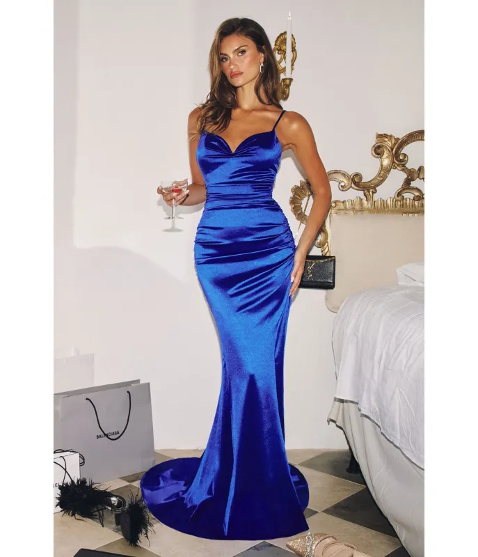 LaDivine by Cinderella Divine Royal Sweetheart Neck Mermaid Gown with Ruched Bodice sold by Unique Vintage