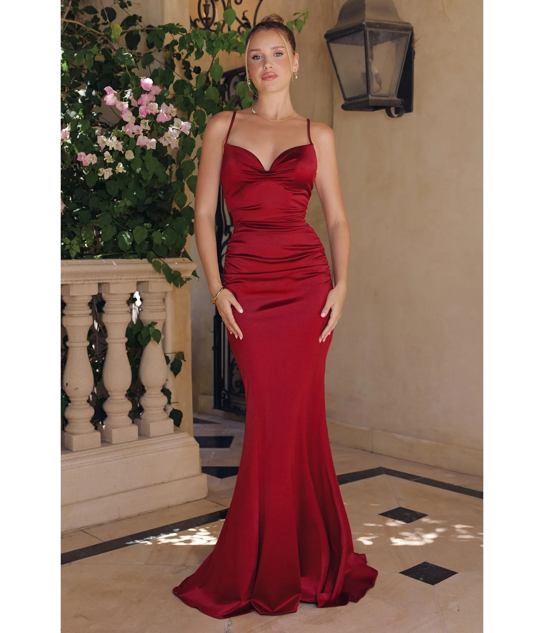 LaDivine by Cinderella Divine Burgundy Sweetheart Neck Mermaid Gown with Ruched Bodice sold by Unique Vintage