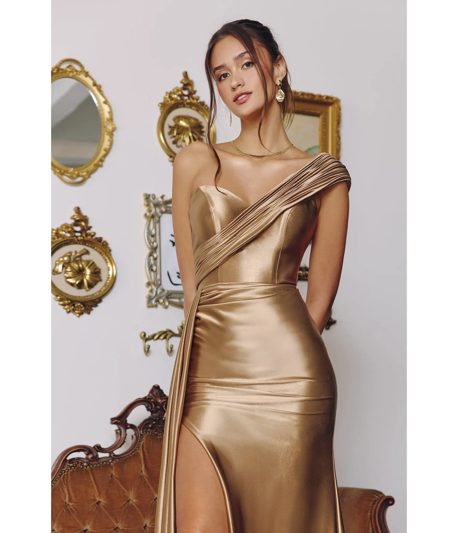 LaDivine by Cinderella Divine Mocha Gold Asymmetric One-Shoulder Mermaid Gown with Thigh-High Slit sold by Unique Vintage product image thumbnail 2