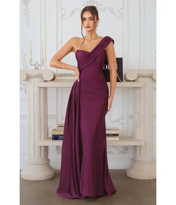 LaDivine by Cinderella Divine Eggplant Asymmetric One-Shoulder Mermaid Gown with Thigh-High Slit sold by Unique Vintage