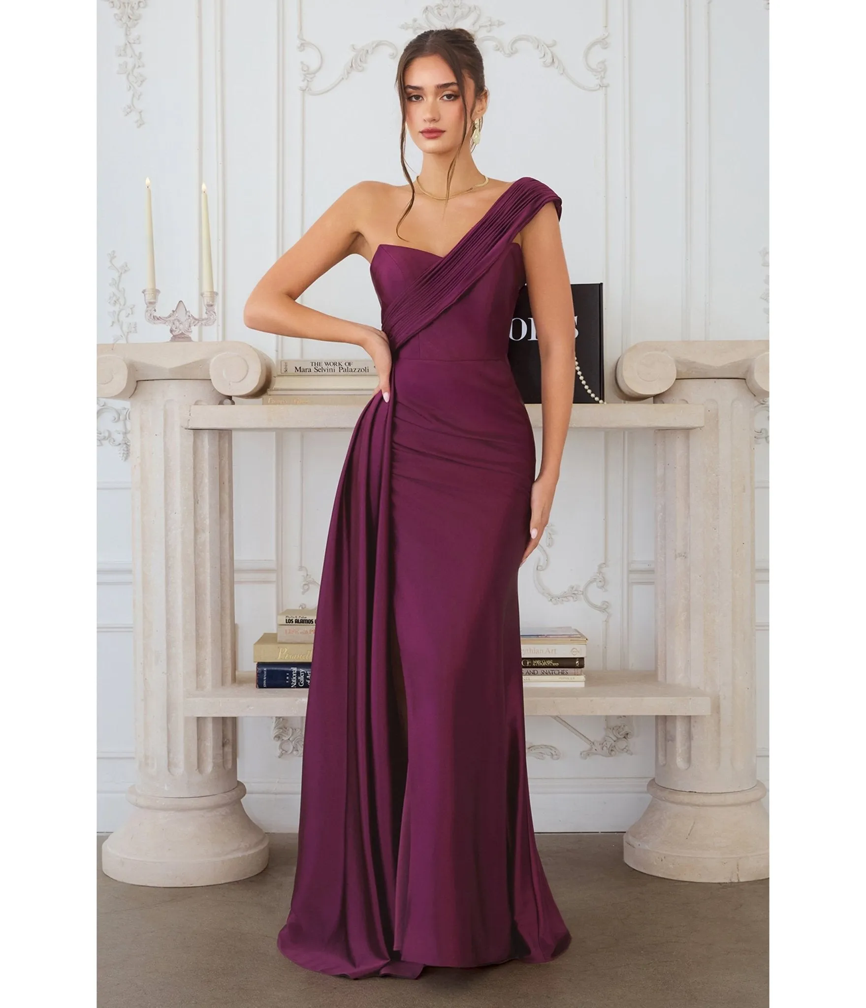 LaDivine by Cinderella Divine Eggplant Asymmetric One-Shoulder Mermaid Gown with Thigh-High Slit sold by Unique Vintage