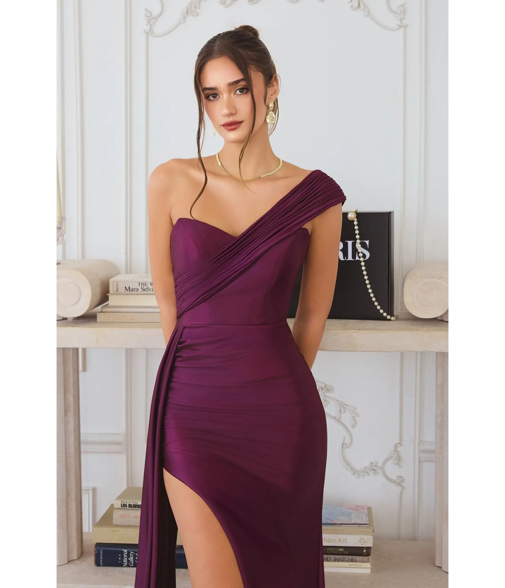 LaDivine by Cinderella Divine Eggplant Asymmetric One-Shoulder Mermaid Gown with Thigh-High Slit sold by Unique Vintage product image thumbnail 2