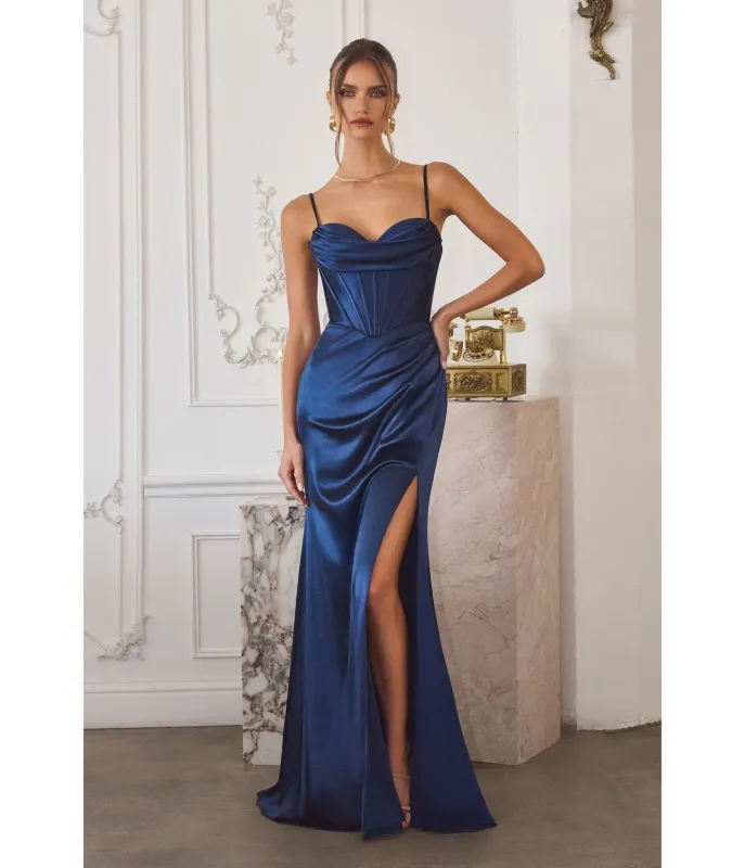 LaDivine by Cinderella Divine Navy Draped Sweetheart Neck Evening Gown with Corset Back Detail sold by Unique Vintage