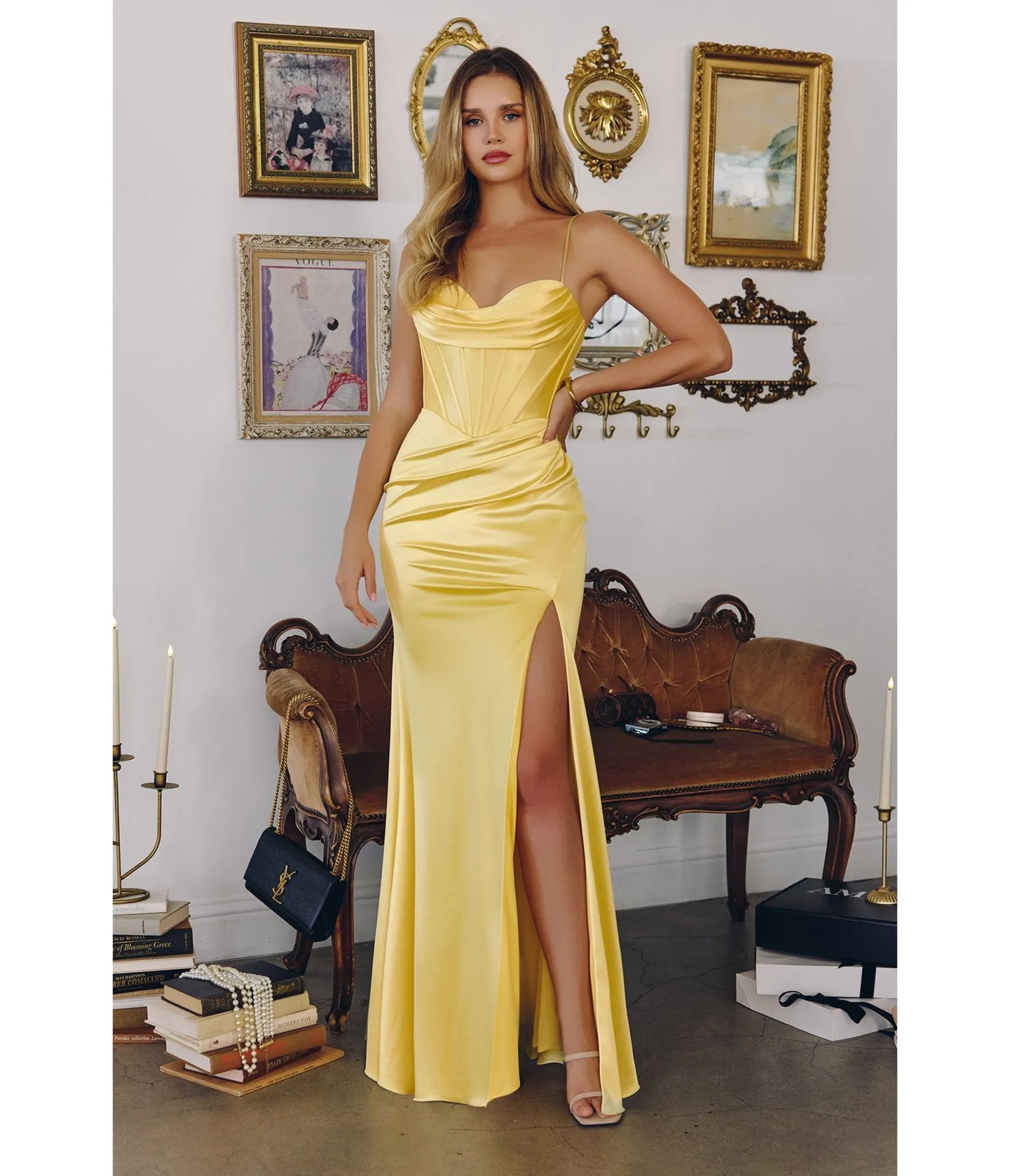 LaDivine by Cinderella Divine Light Yellow Draped Sweetheart Neck Evening Gown with Corset Back Detail sold by Unique Vintage