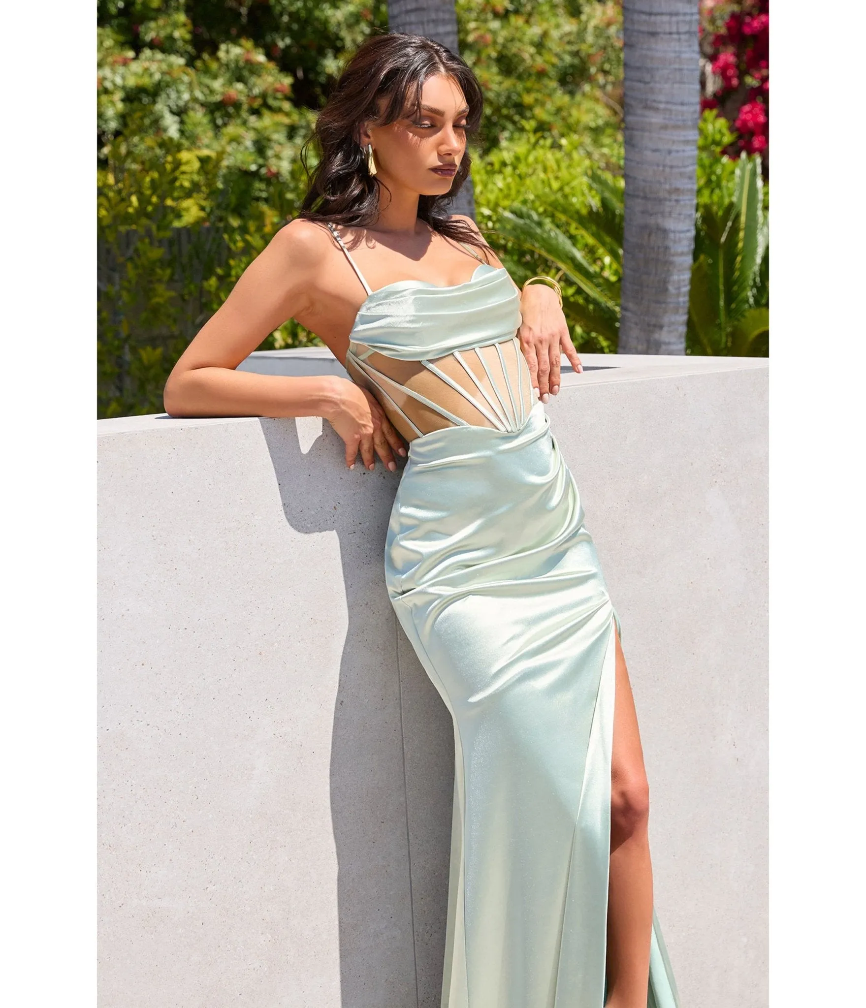 LaDivine by Cinderella Divine Sage Cowl Neck Evening Gown with Sheer Boning and Slit sold by Unique Vintage product image thumbnail 2