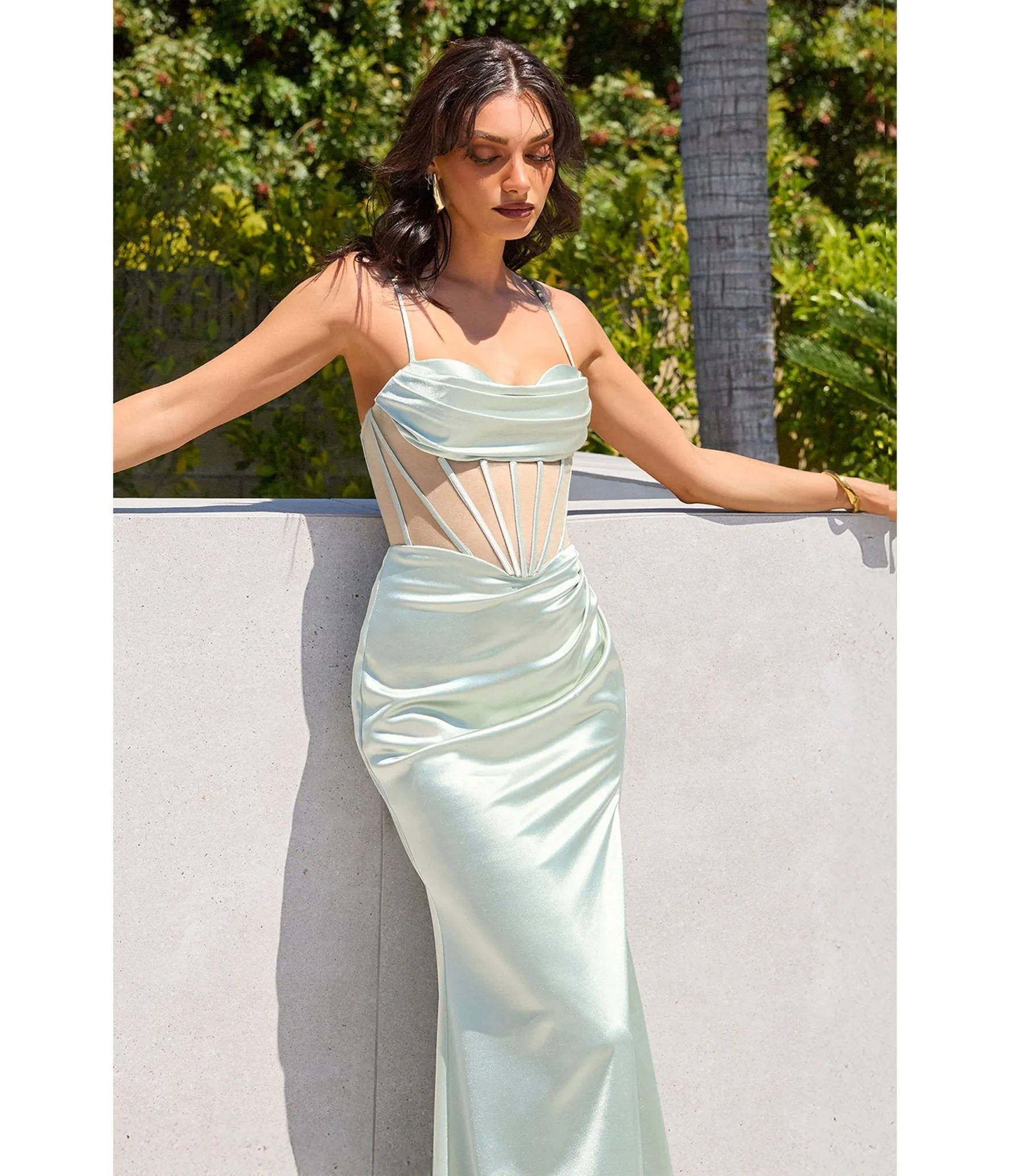 LaDivine by Cinderella Divine Sage Cowl Neck Evening Gown with Sheer Boning and Slit sold by Unique Vintage product image thumbnail 3