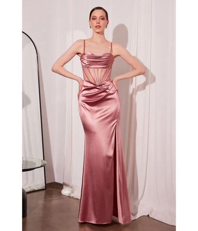 LaDivine by Cinderella Divine Rose Cowl Neck Evening Gown with Sheer Boning and Slit sold by Unique Vintage