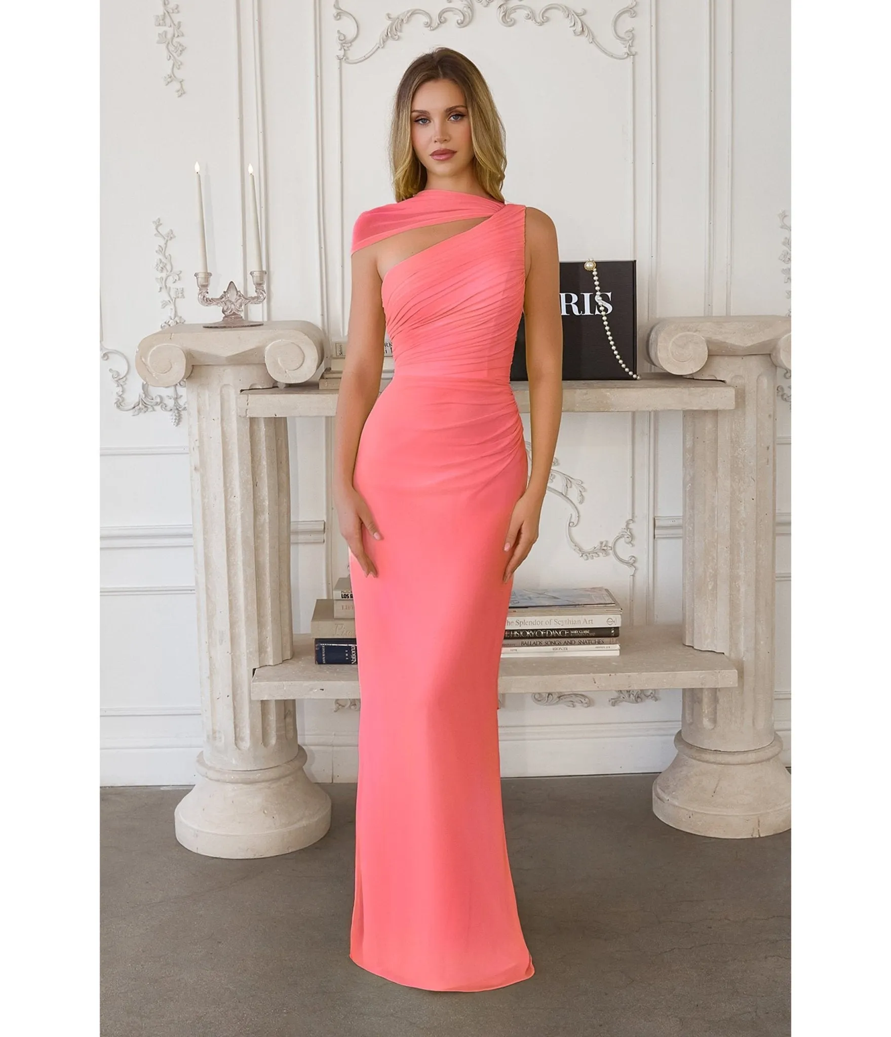 LaDivine by Cinderella Divine Soft Coral One-Shoulder Bridesmaid Gown with Asymmetric Neckline sold by Unique Vintage