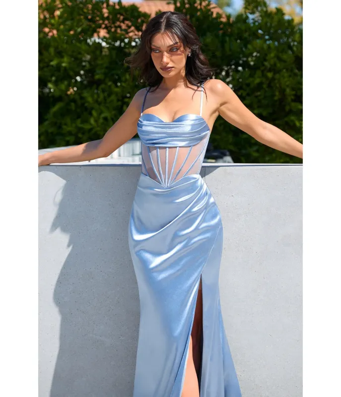 LaDivine by Cinderella Divine Light Blue Cowl Neck Evening Gown with Sheer Boning and Slit sold by Unique Vintage