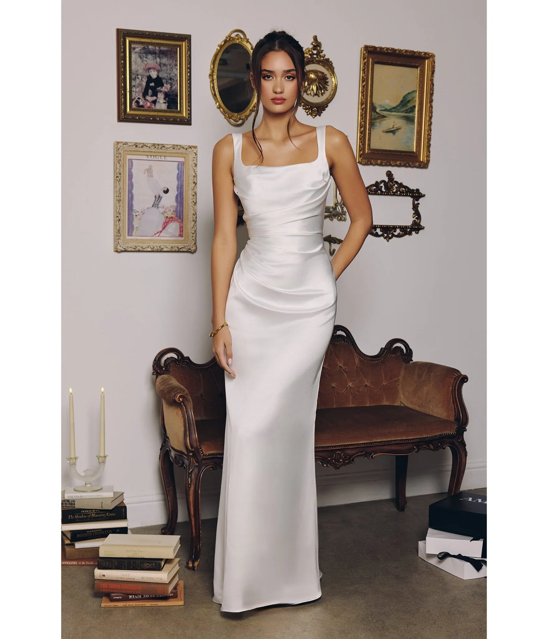 LaDivine by Cinderella Divine Off White Draped Neck Structured Bodice Gown with Lace-Up Back sold by Unique Vintage