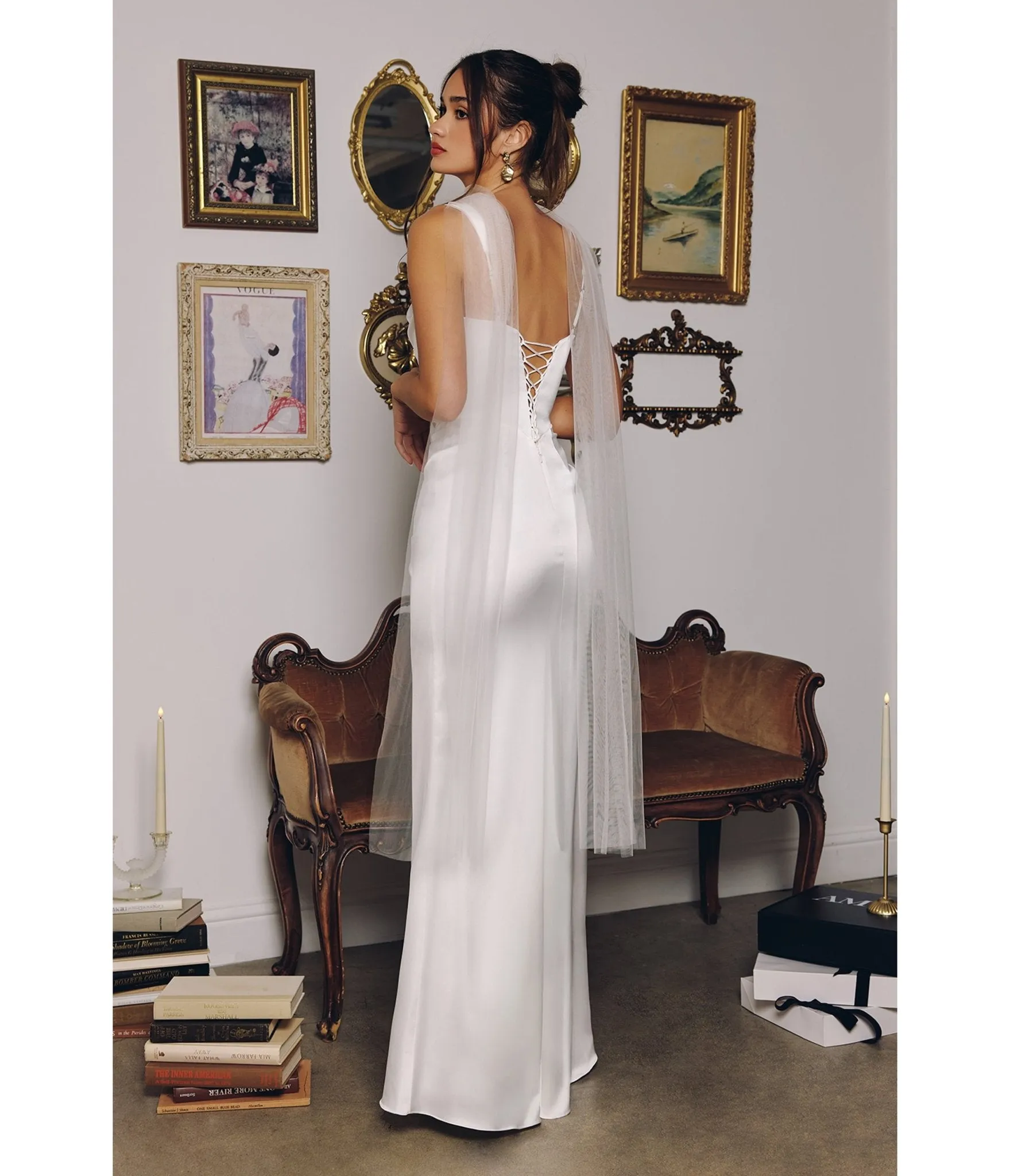 LaDivine by Cinderella Divine Off White Draped Neck Structured Bodice Gown with Lace-Up Back sold by Unique Vintage product image thumbnail 2