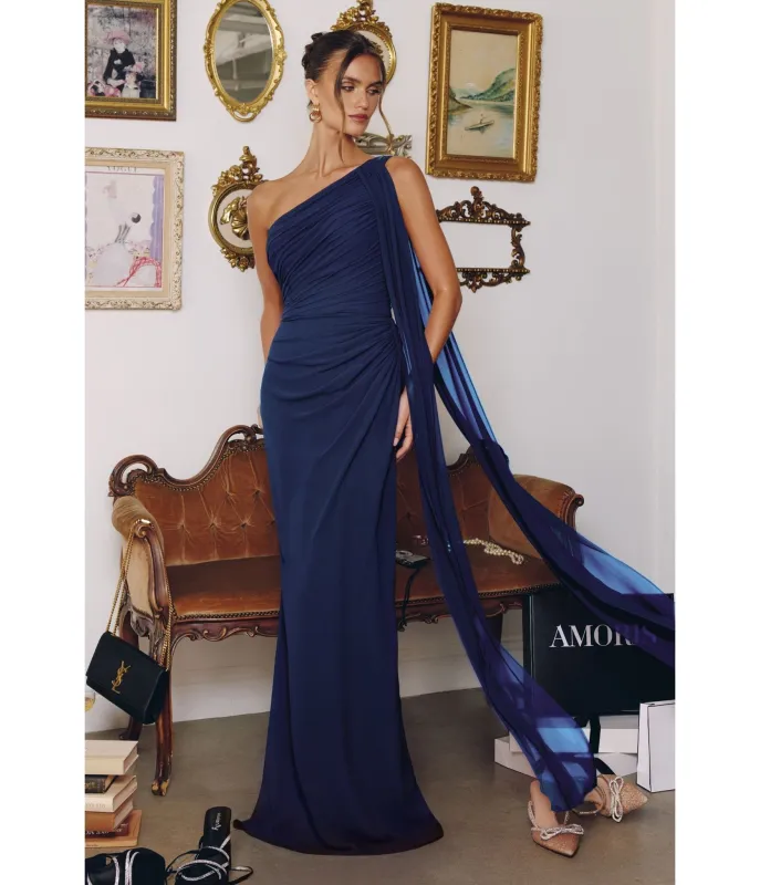 LaDivine by Cinderella Divine Navy One-Shoulder Bridesmaid Gown with Asymmetric Neckline sold by Unique Vintage