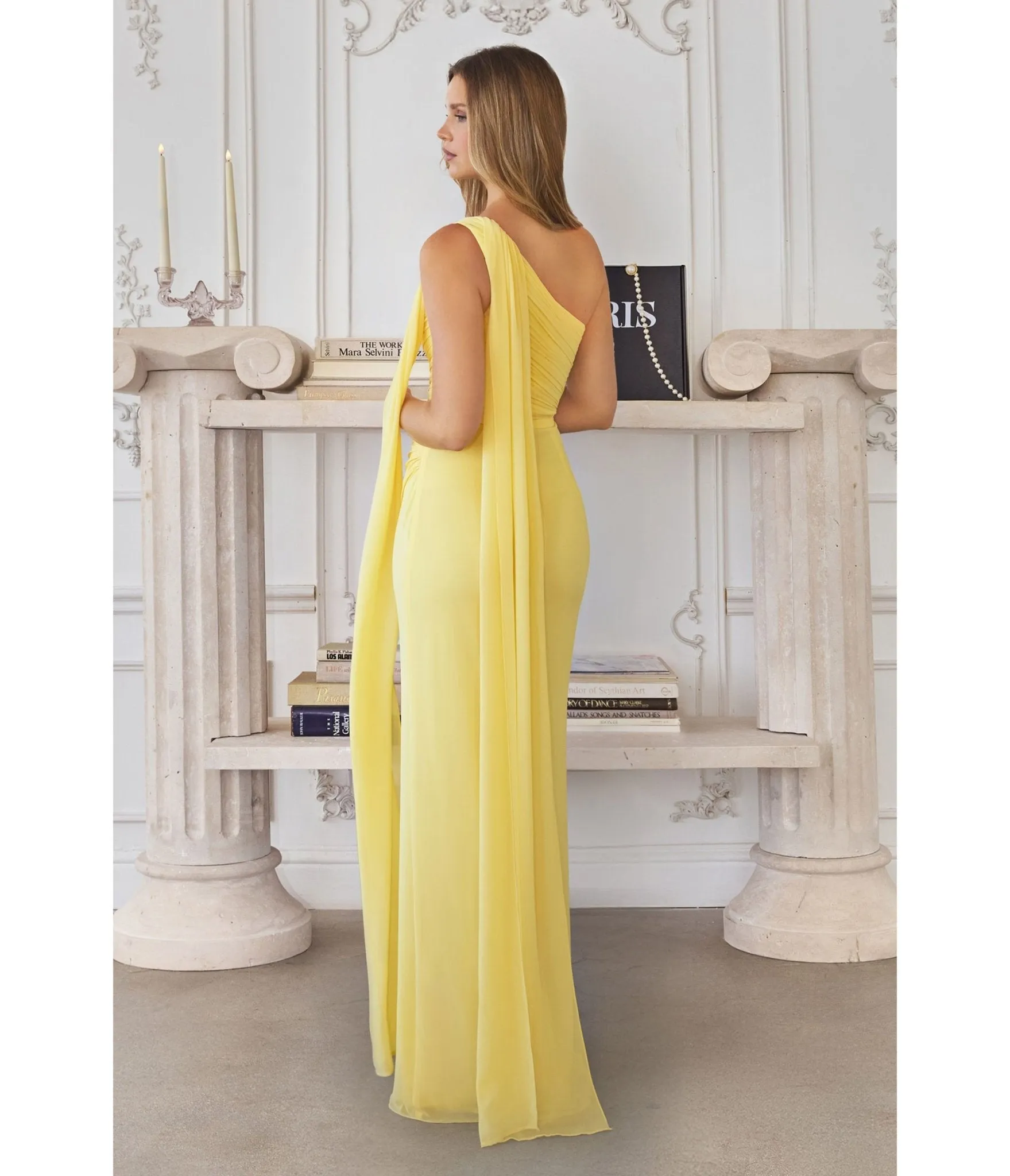 LaDivine by Cinderella Divine Light Yellow One-Shoulder Bridesmaid Gown with Asymmetric Neckline sold by Unique Vintage product image thumbnail 2