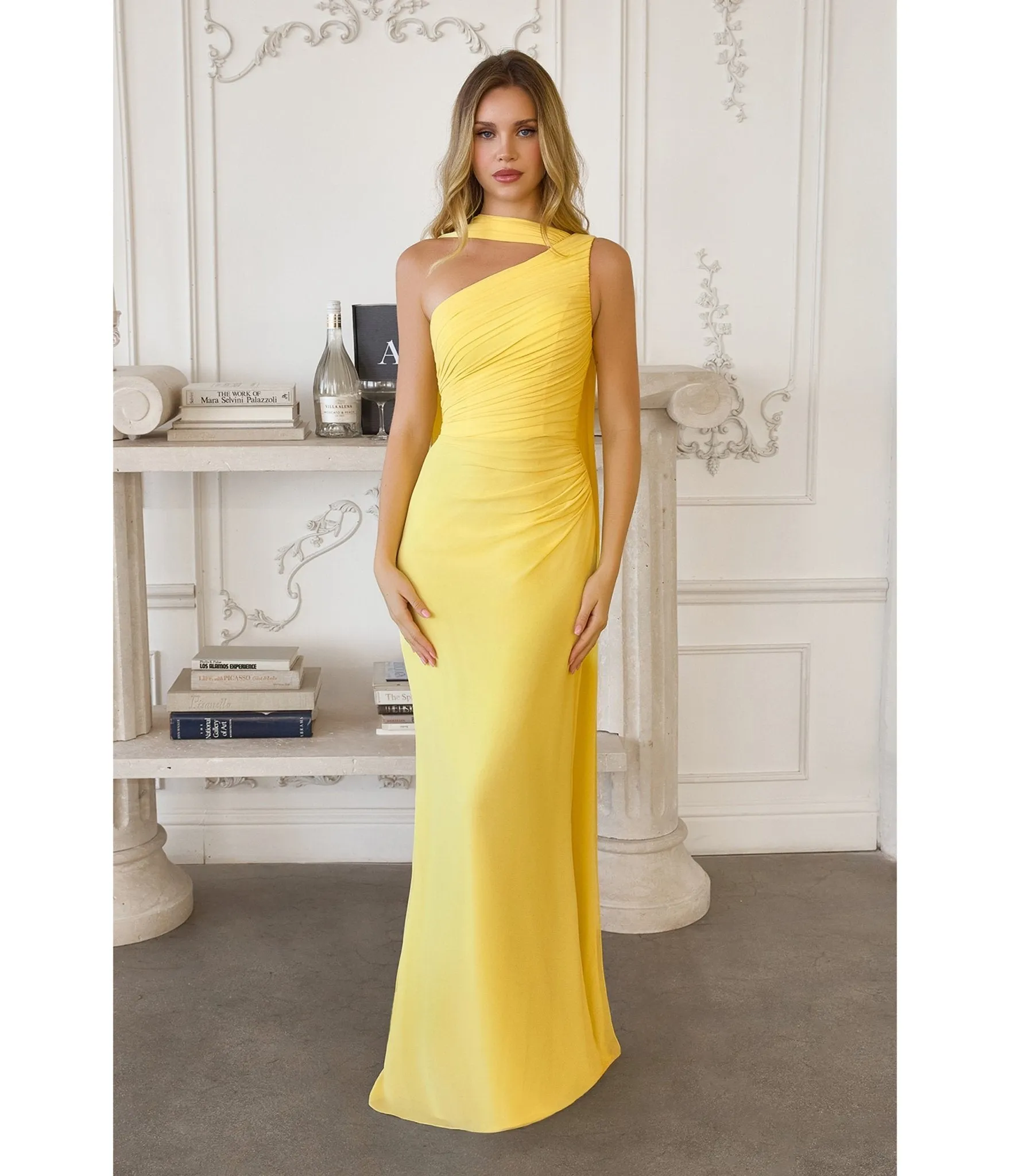 LaDivine by Cinderella Divine Light Yellow One-Shoulder Bridesmaid Gown with Asymmetric Neckline sold by Unique Vintage