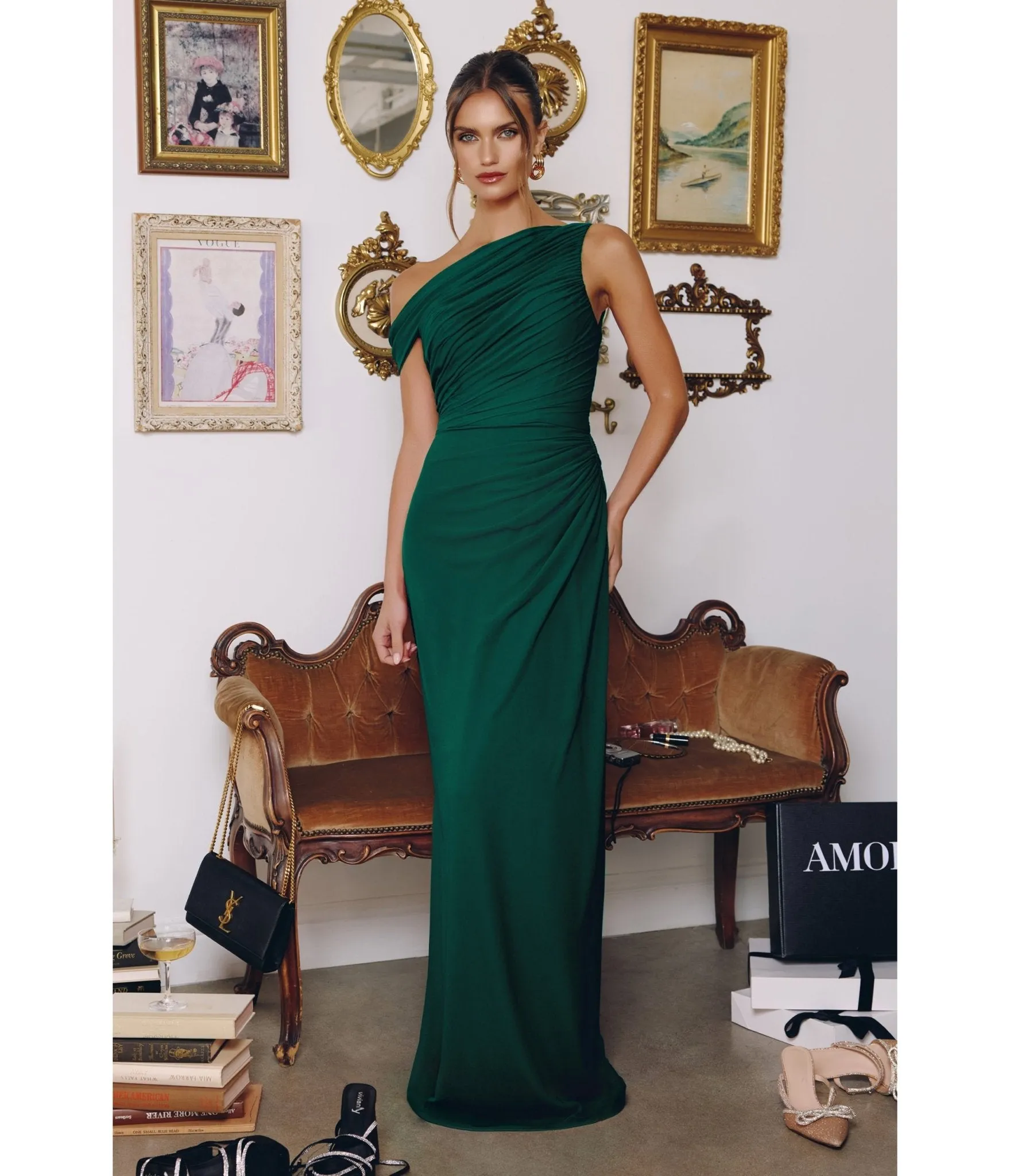 LaDivine by Cinderella Divine Emerald One-Shoulder Bridesmaid Gown with Asymmetric Neckline sold by Unique Vintage
