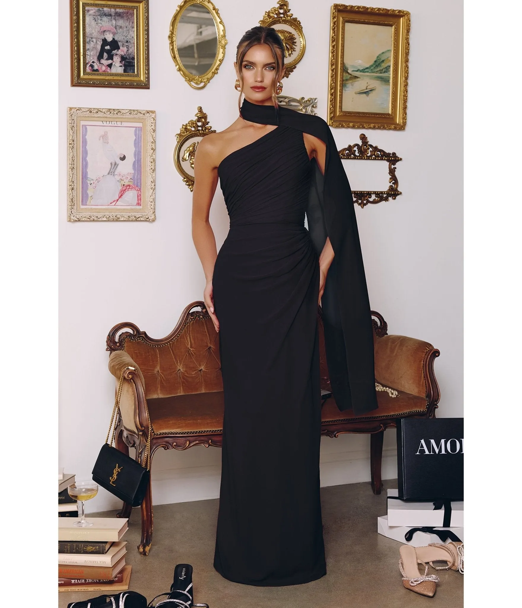 LaDivine by Cinderella Divine Black One-Shoulder Bridesmaid Gown with Asymmetric Neckline sold by Unique Vintage