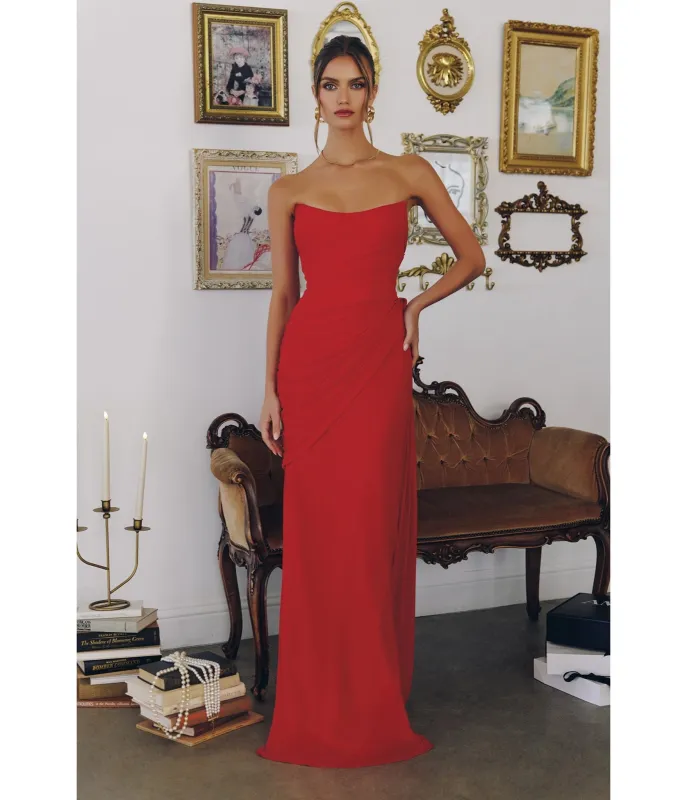 LaDivine by Cinderella Divine Red Strapless Ruched Gown with Flowing Side Sash sold by Unique Vintage