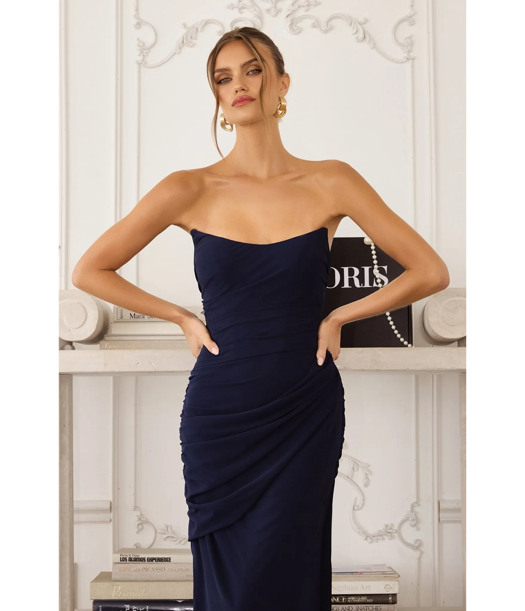 LaDivine by Cinderella Divine Navy Strapless Ruched Gown with Flowing Side Sash sold by Unique Vintage product image thumbnail 2