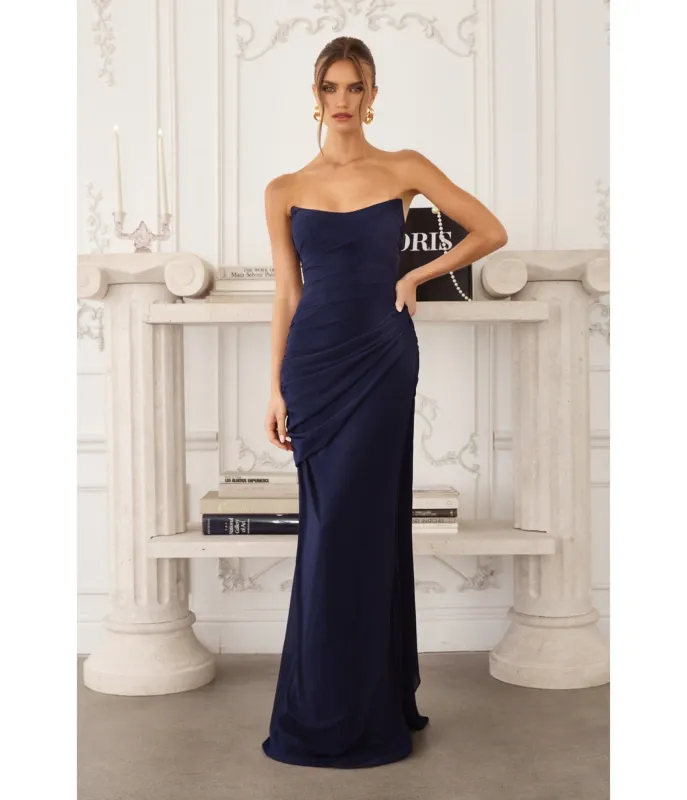 LaDivine by Cinderella Divine Navy Strapless Ruched Gown with Flowing Side Sash sold by Unique Vintage