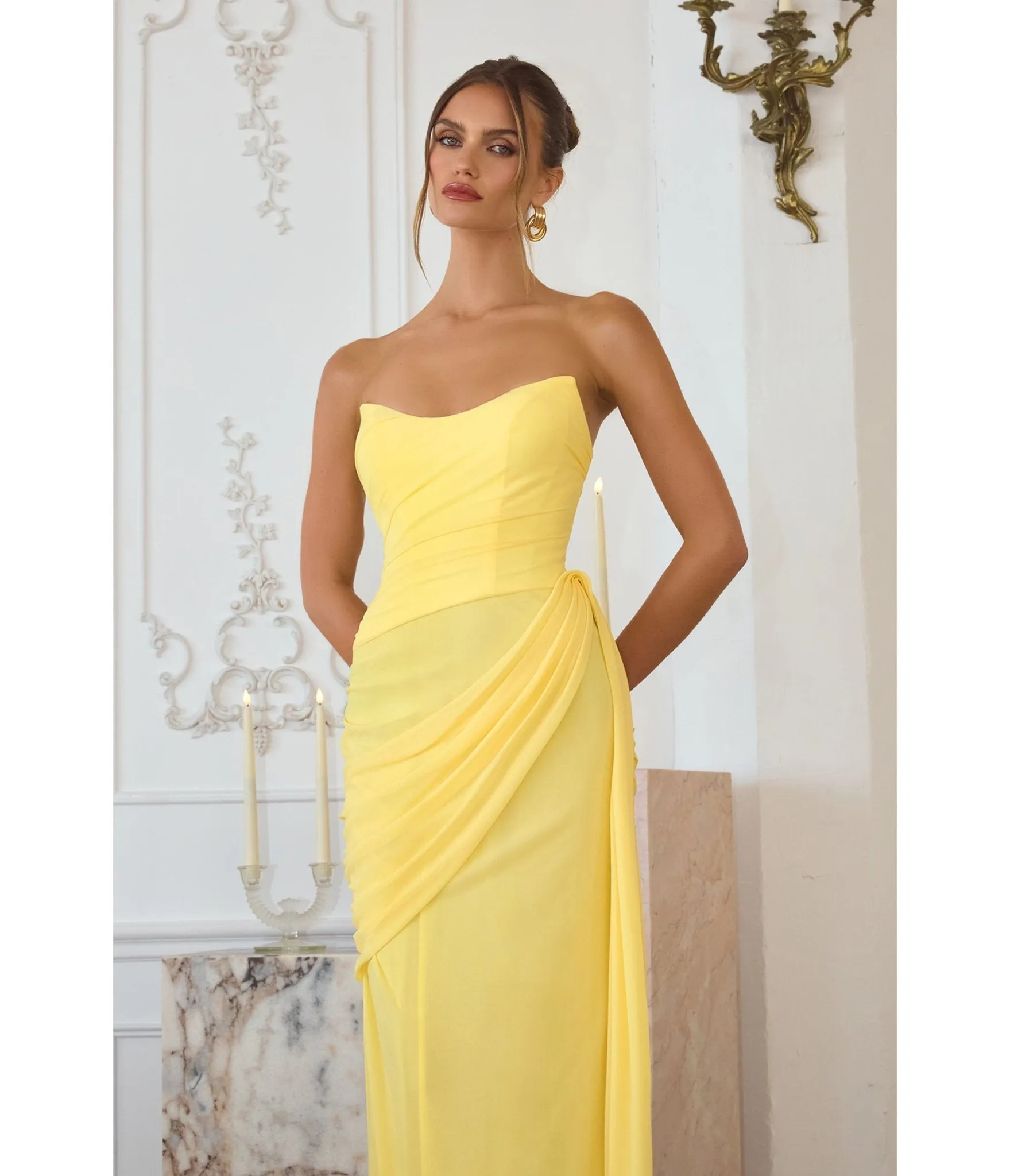 LaDivine by Cinderella Divine Light Yellow Strapless Ruched Gown with Flowing Side Sash sold by Unique Vintage product image thumbnail 2