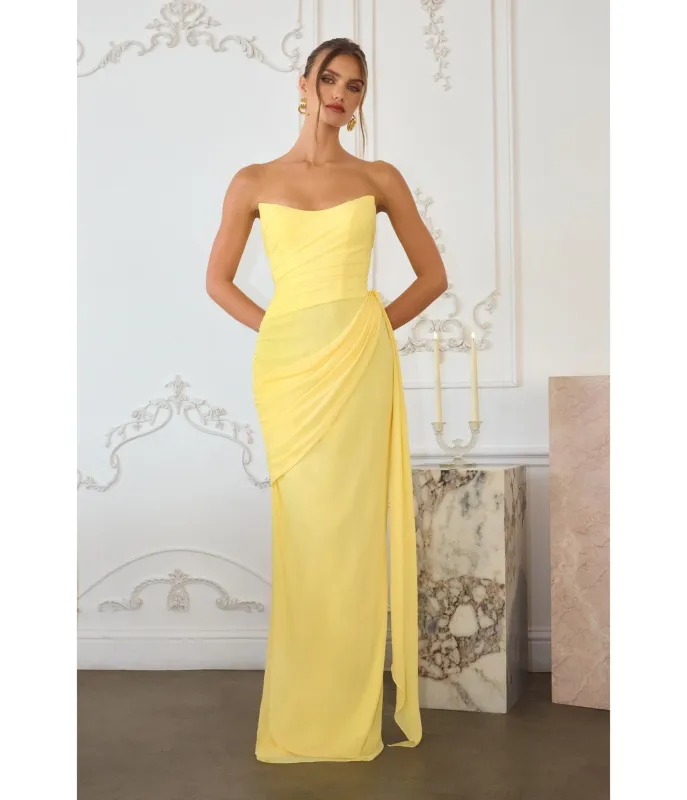 LaDivine by Cinderella Divine Light Yellow Strapless Ruched Gown with Flowing Side Sash sold by Unique Vintage