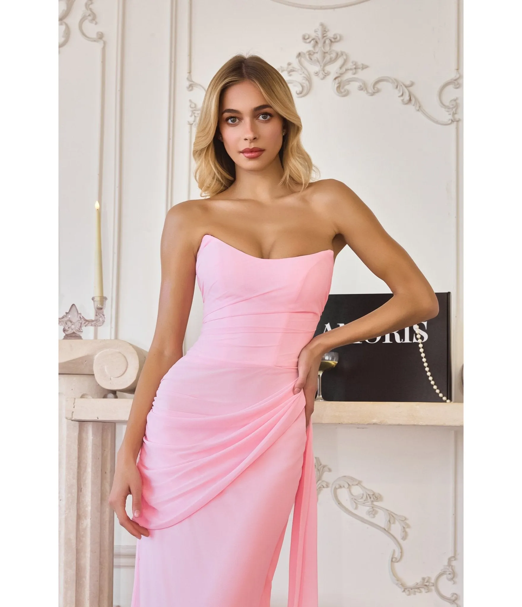 LaDivine by Cinderella Divine Light Pink Strapless Ruched Gown with Flowing Side Sash sold by Unique Vintage product image thumbnail 3