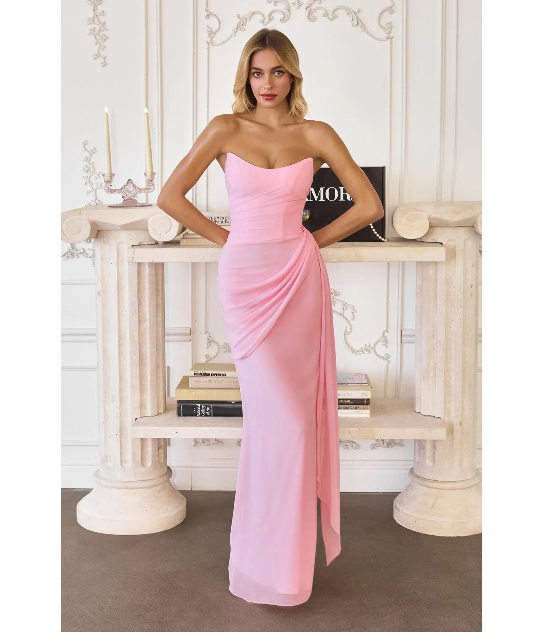 LaDivine by Cinderella Divine Light Pink Strapless Ruched Gown with Flowing Side Sash sold by Unique Vintage