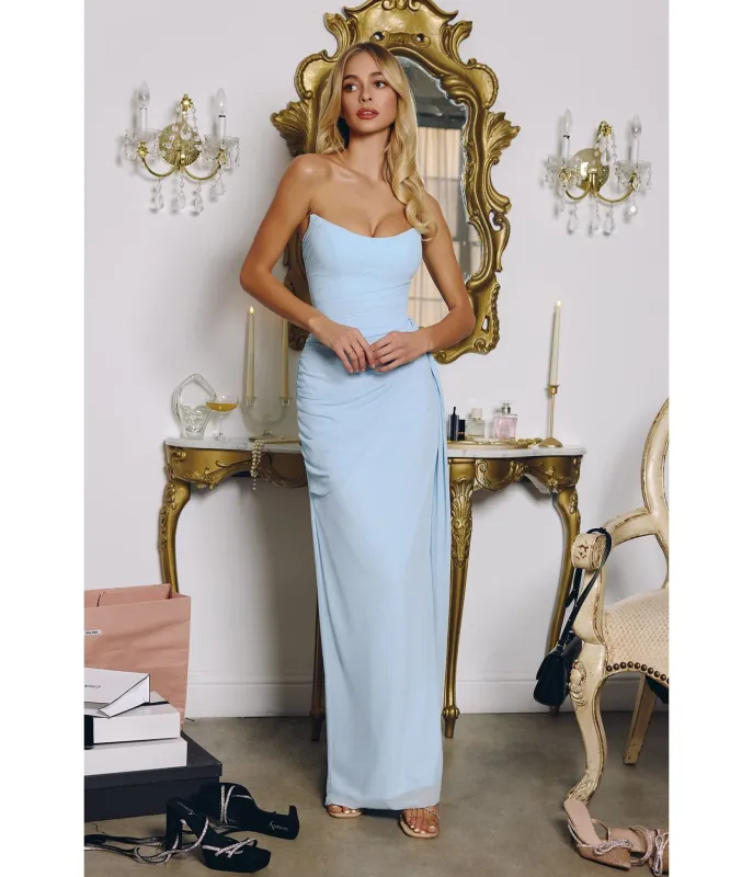 LaDivine by Cinderella Divine Light Blue Strapless Ruched Gown with Flowing Side Sash sold by Unique Vintage