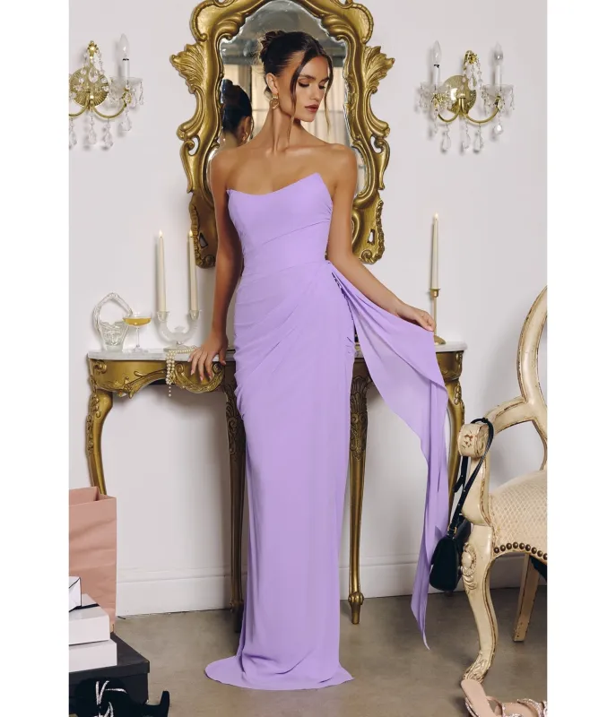LaDivine by Cinderella Divine Lavender Strapless Ruched Gown with Flowing Side Sash sold by Unique Vintage