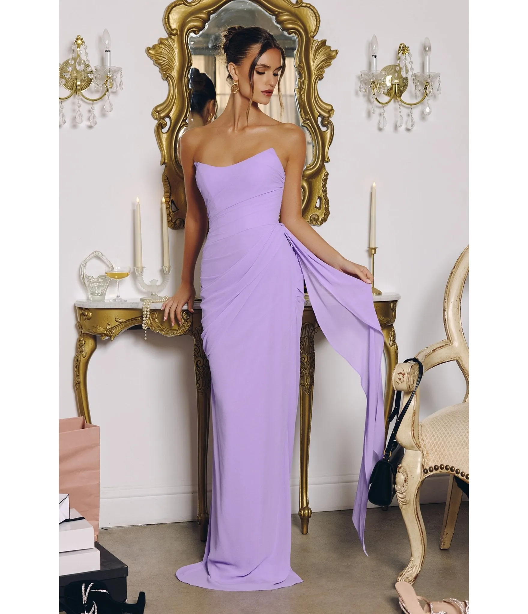 LaDivine by Cinderella Divine Lavender Strapless Ruched Gown with Flowing Side Sash sold by Unique Vintage