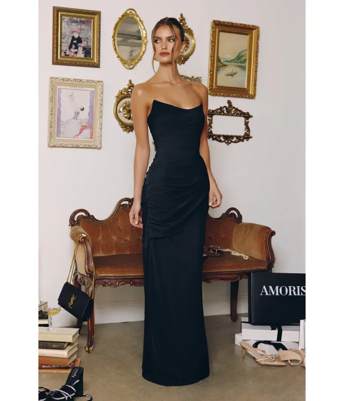 LaDivine by Cinderella Divine Black Strapless Ruched Gown with Flowing Side Sash sold by Unique Vintage