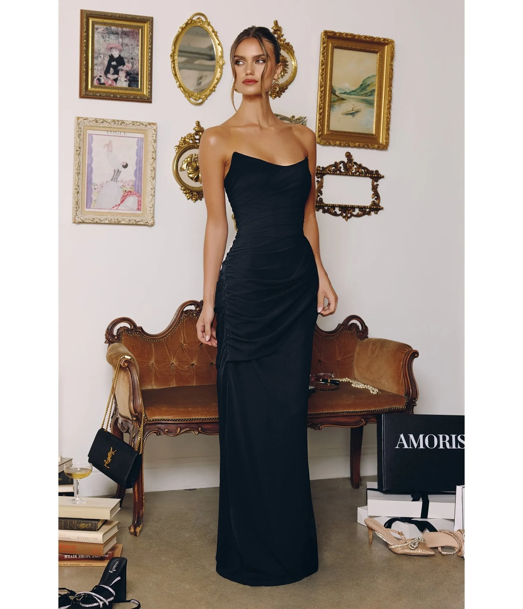 LaDivine by Cinderella Divine Black Strapless Ruched Gown with Flowing Side Sash sold by Unique Vintage