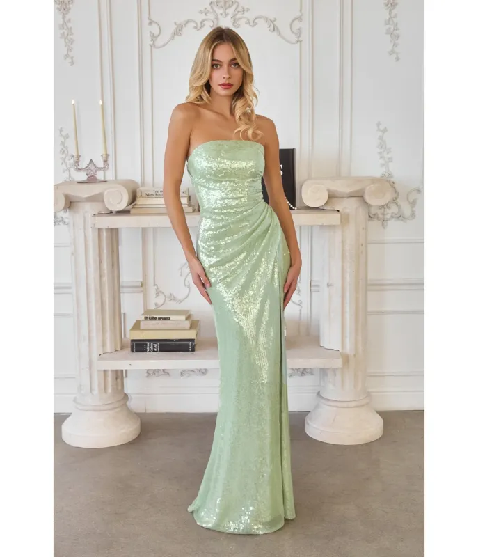 LaDivine by Cinderella Divine Sage Strapless Sequin Gown with Soft Draped Bodice sold by Unique Vintage