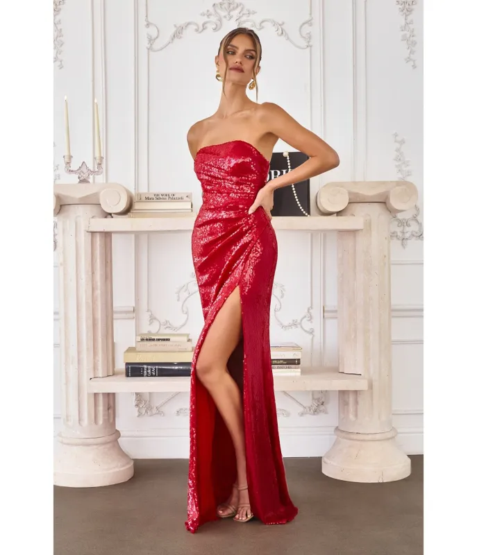LaDivine by Cinderella Divine Red Strapless Sequin Gown with Soft Draped Bodice sold by Unique Vintage