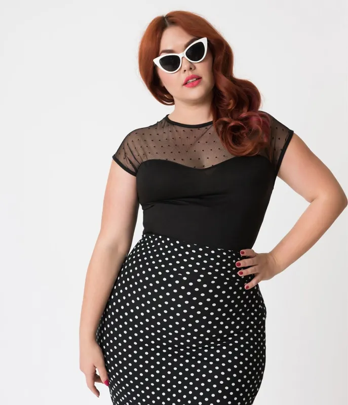 Steady Plus Size Black Mesh Dot Miss Fancy Knit Top sold by Unique Vintage