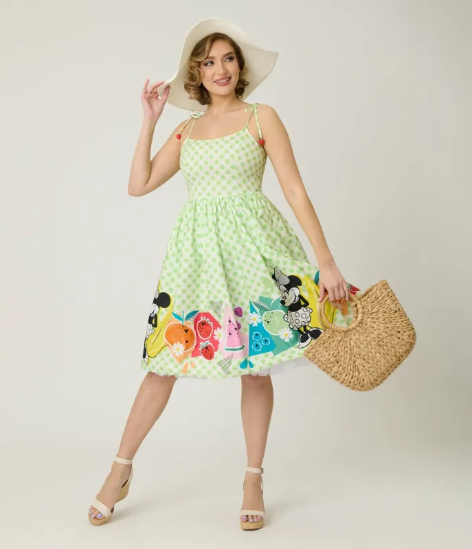 Disney Food Collection by Unique Vintage Green Gingham Mickey Fruit Salad Swing Dress sold by Unique Vintage