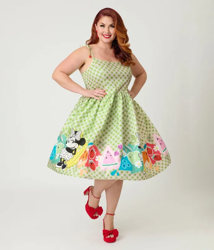 Disney Food Collection by Unique Vintage Plus Size Green Gingham Mickey Fruit Salad Swing Dress sold by Unique Vintage