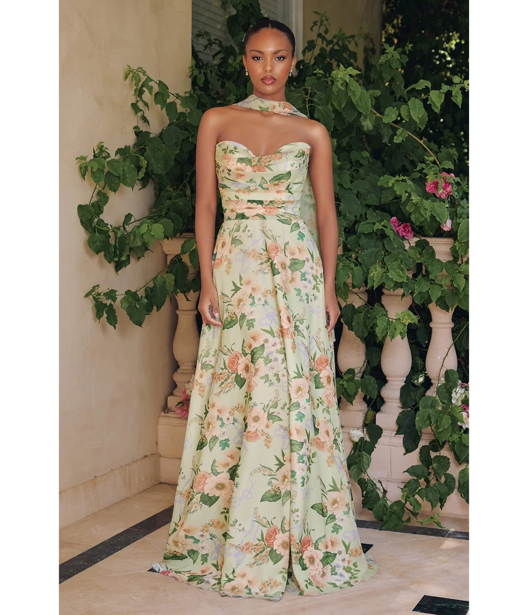 LaDivine by Cinderella Divine Sage Sweetheart Neck Garden Floral Bridesmaid Gown sold by Unique Vintage