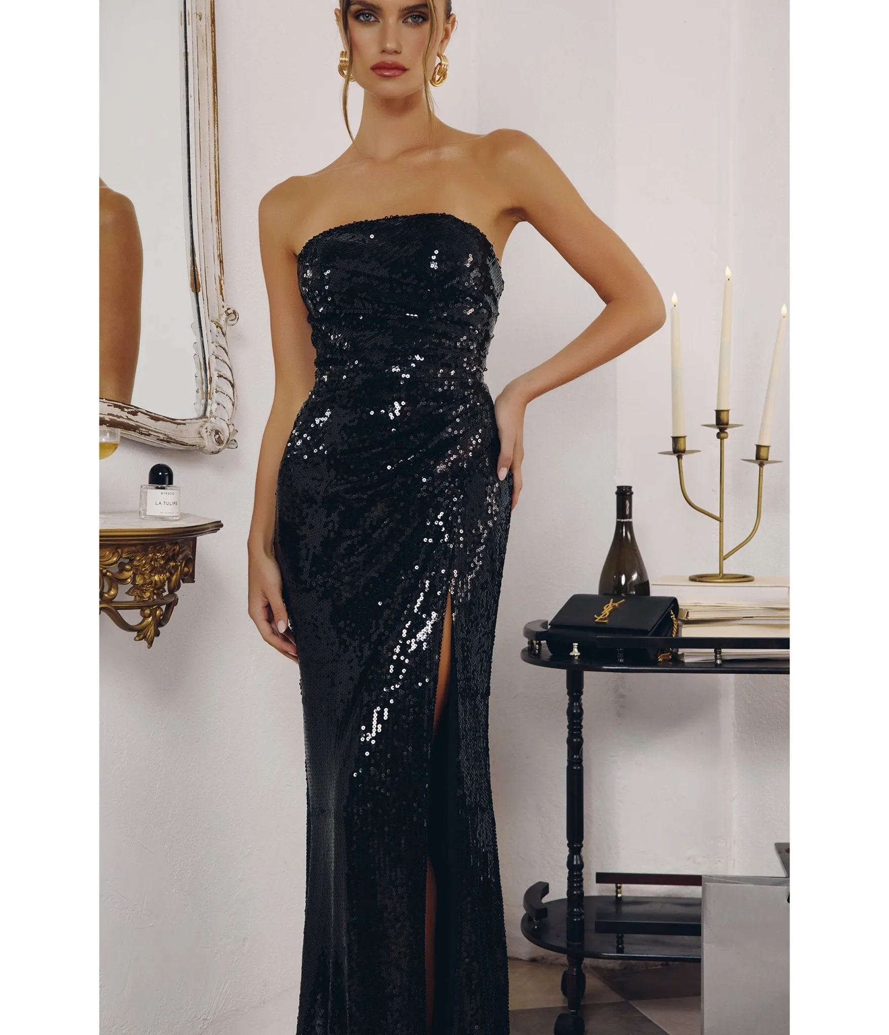 LaDivine by Cinderella Divine Black Strapless Sequin Gown with Soft Draped Bodice sold by Unique Vintage product image thumbnail 2