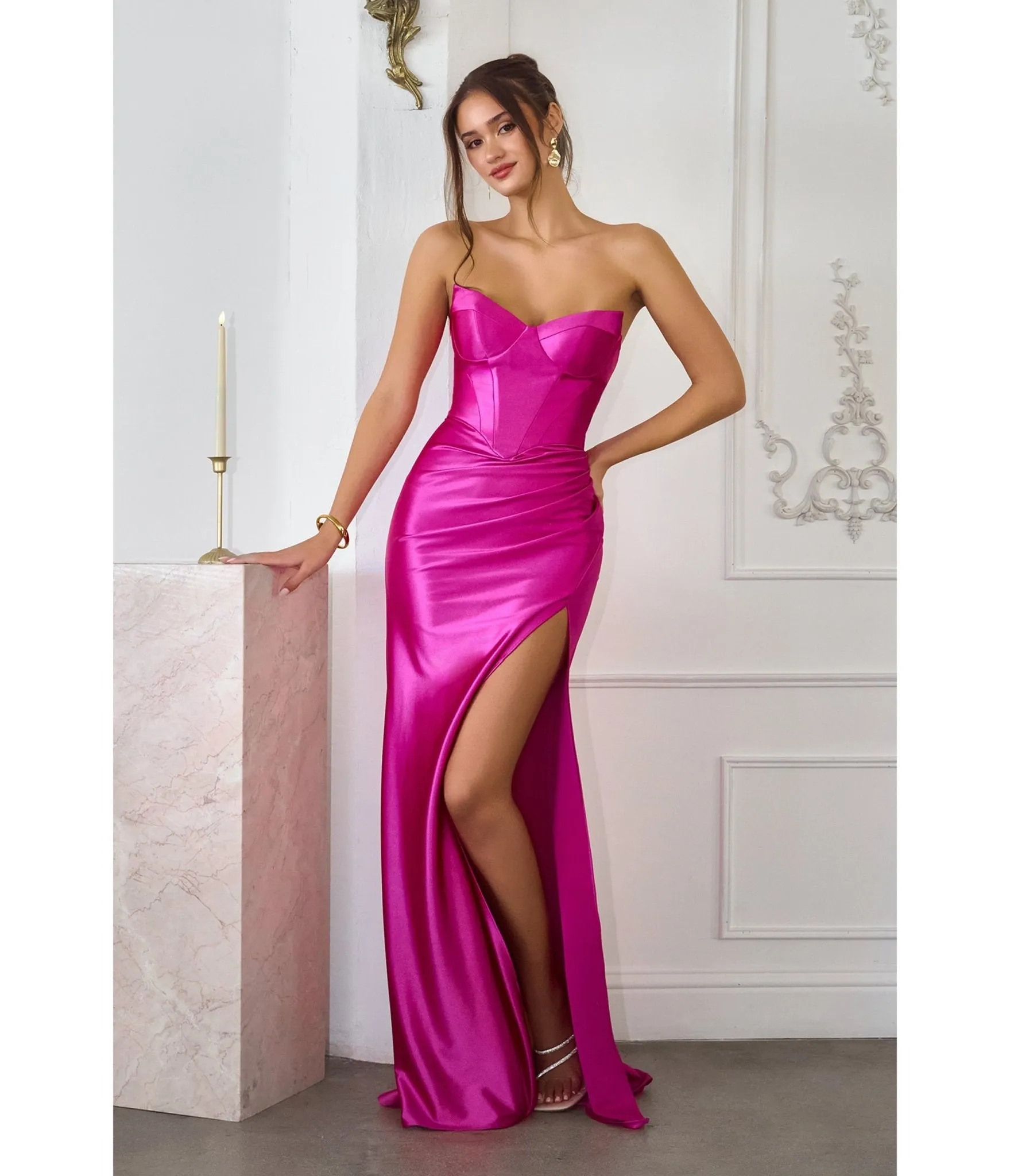 LaDivine by Cinderella Divine Fuchsia Sweetheart Neck Gown with Lace-Up Back sold by Unique Vintage