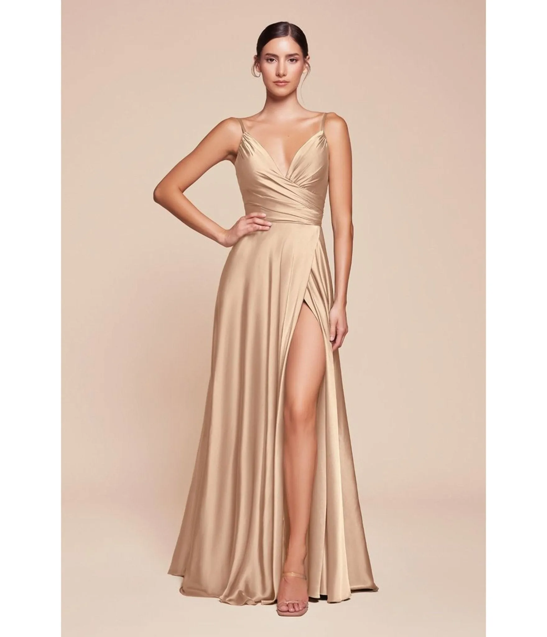 LaDivine by Cinderella Divine Champagne Sweetheart Neck Bridesmaid Gown with Gathered Waistline sold by Unique Vintage