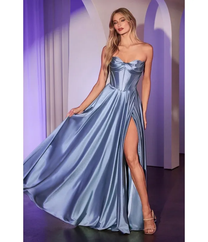 LaDivine by Cinderella Divine Dusty Blue Sweetheart Neck Evening Gown with Hidden Pockets sold by Unique Vintage