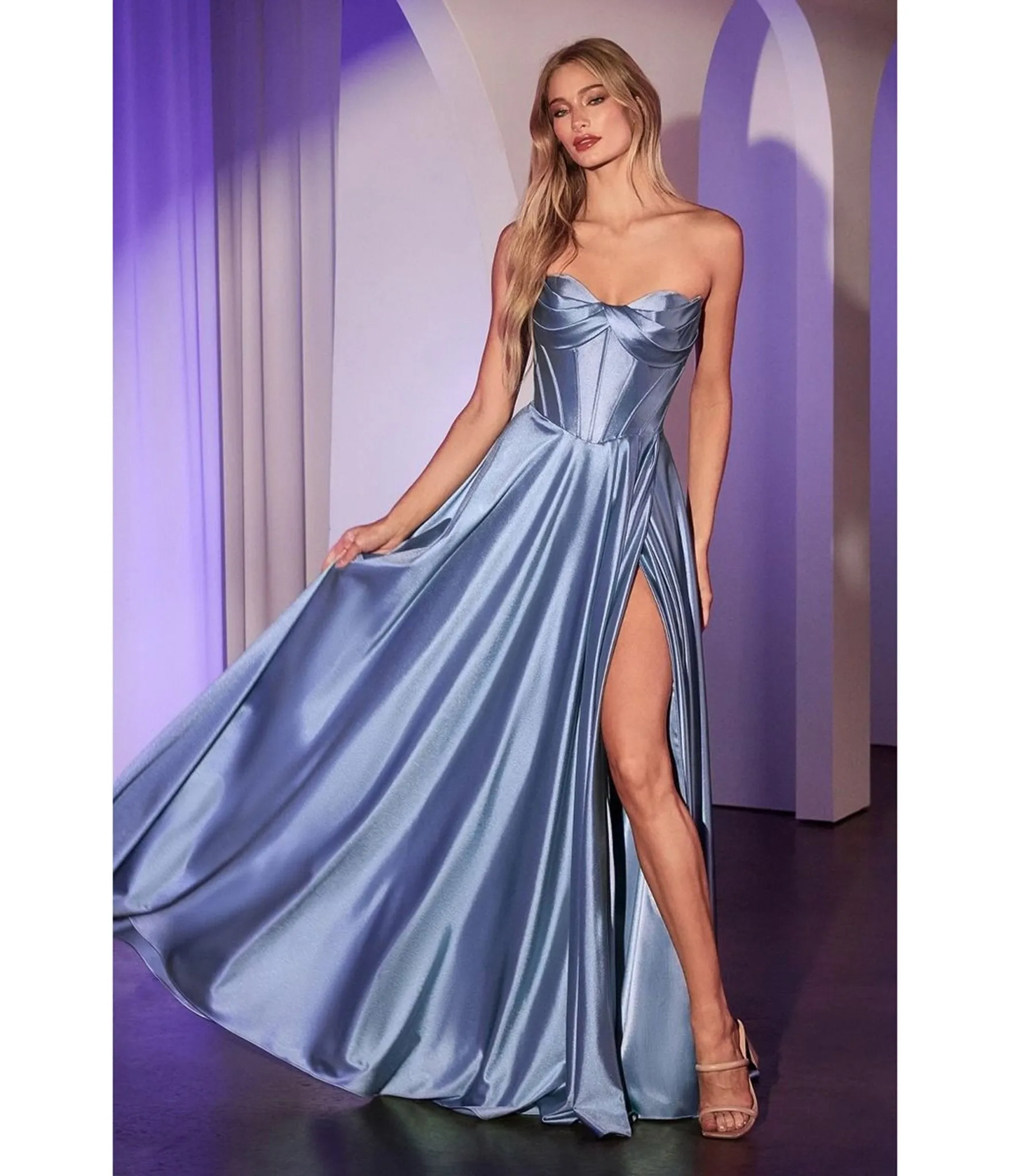 LaDivine by Cinderella Divine Dusty Blue Sweetheart Neck Evening Gown with Hidden Pockets sold by Unique Vintage