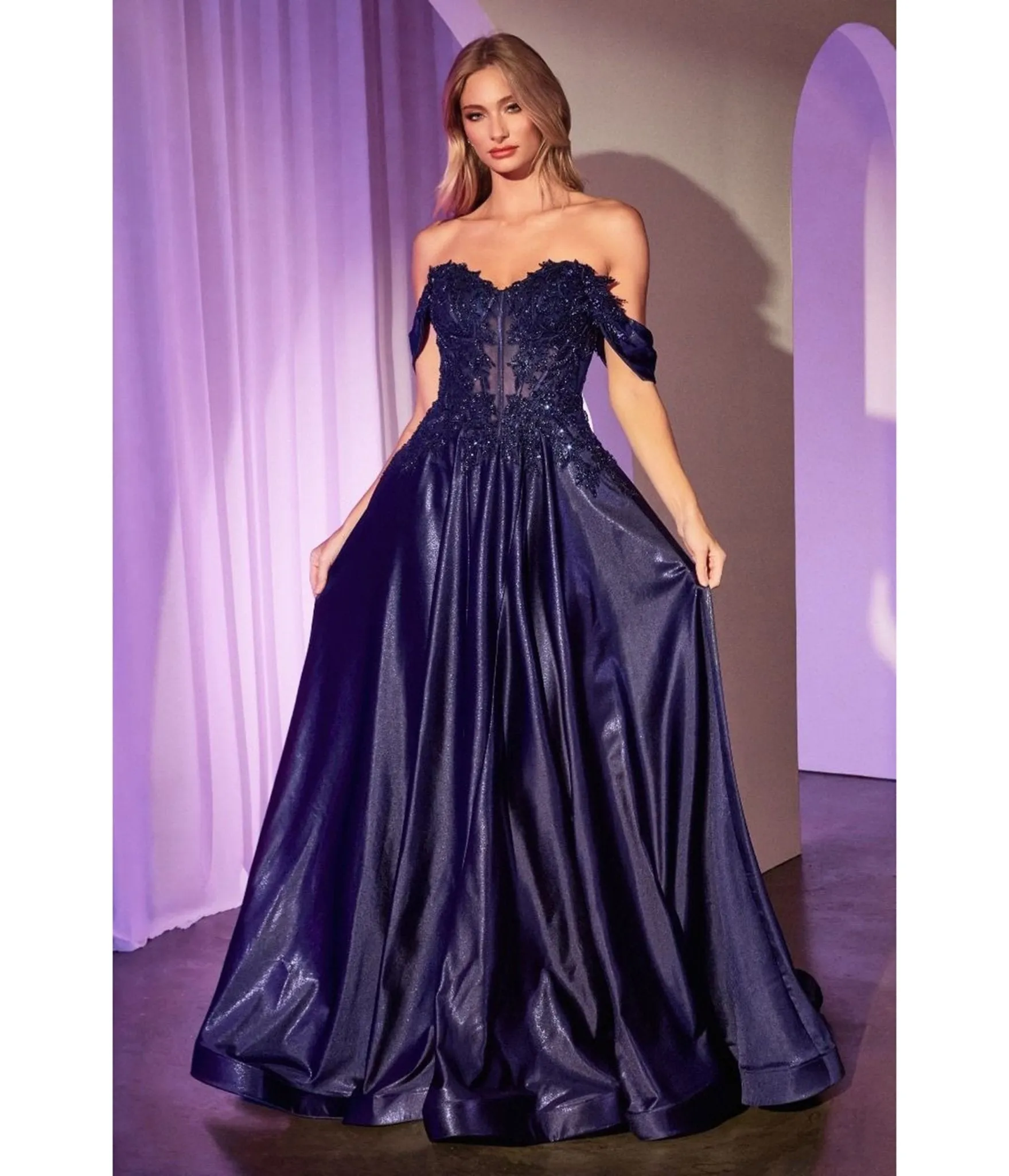 LaDivine by Cinderella Divine Navy Convertible Strapless Beaded Lace Appliqués Gown sold by Unique Vintage