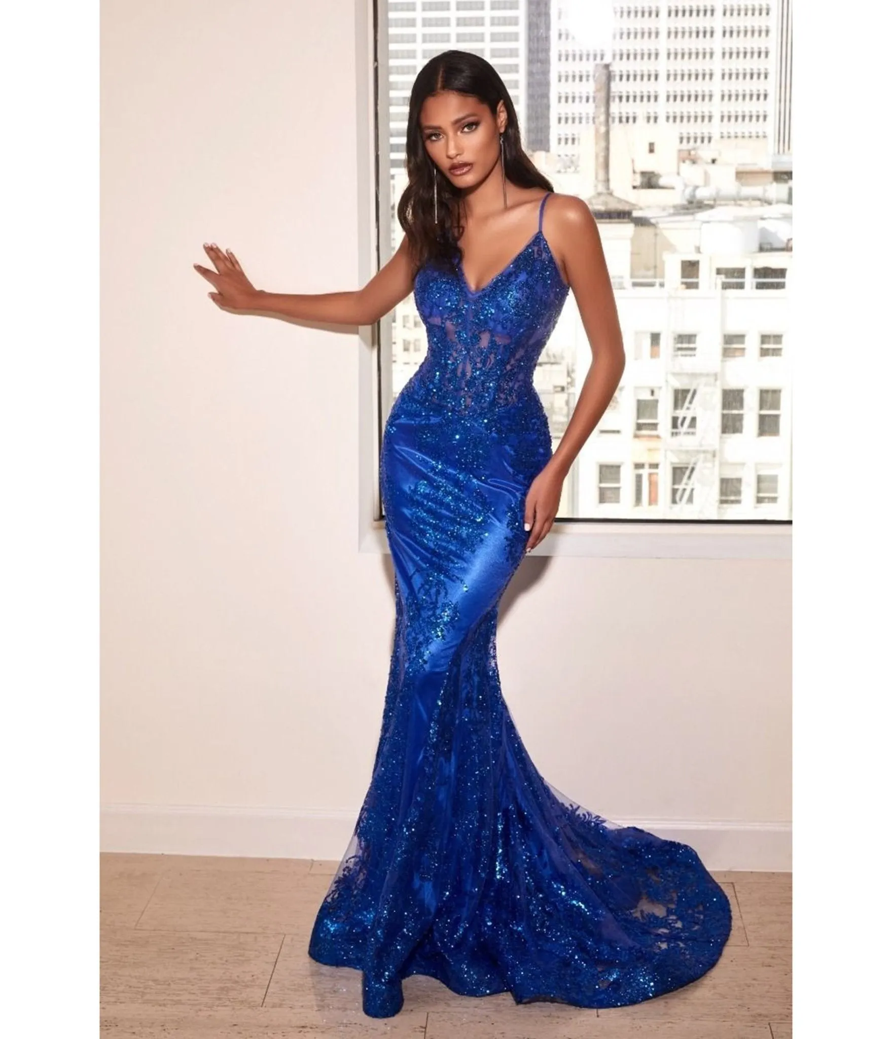 LaDivine by Cinderella Divine Royal Sequin-Appliqué Mermaid Gown with V-Neck Sheer Bodice sold by Unique Vintage