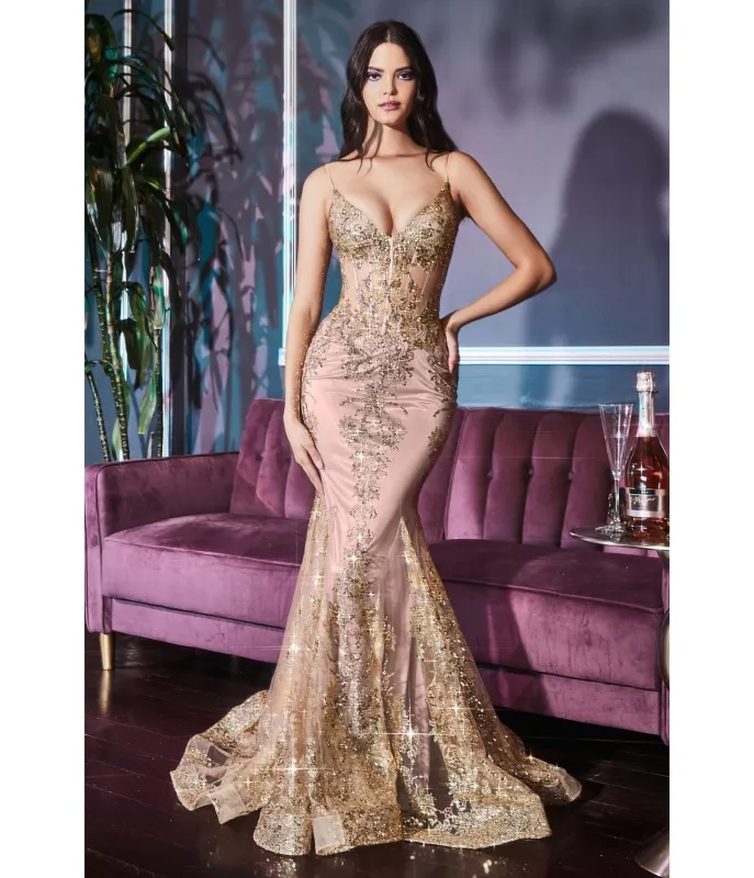 LaDivine by Cinderella Divine Rose Gold Sequin-Appliqué Mermaid Gown with V-Neck Sheer Bodice sold by Unique Vintage