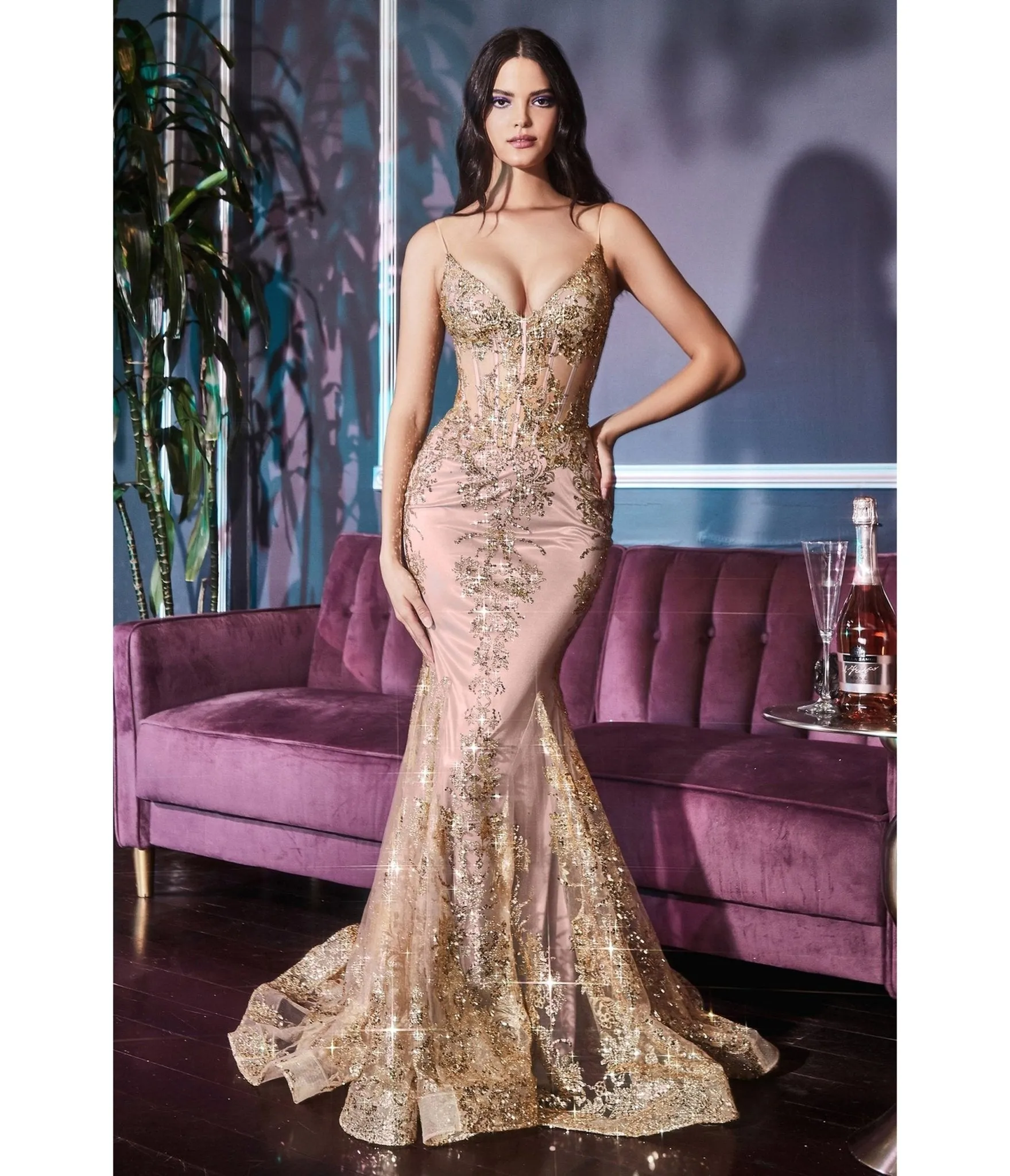 LaDivine by Cinderella Divine Rose Gold Sequin-Appliqué Mermaid Gown with V-Neck Sheer Bodice sold by Unique Vintage